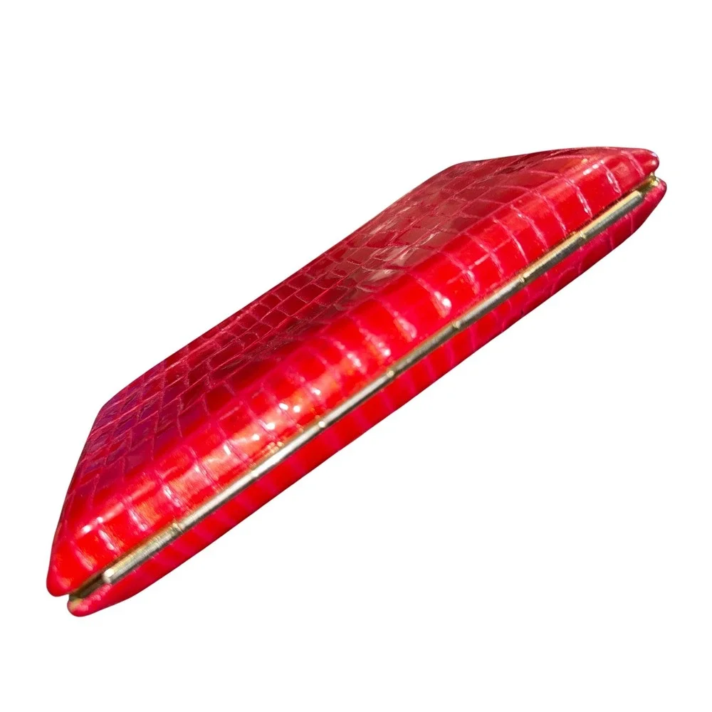 Abas Red Glossy Crocodile Embossed Leather Clutch Wallet Gold Frame